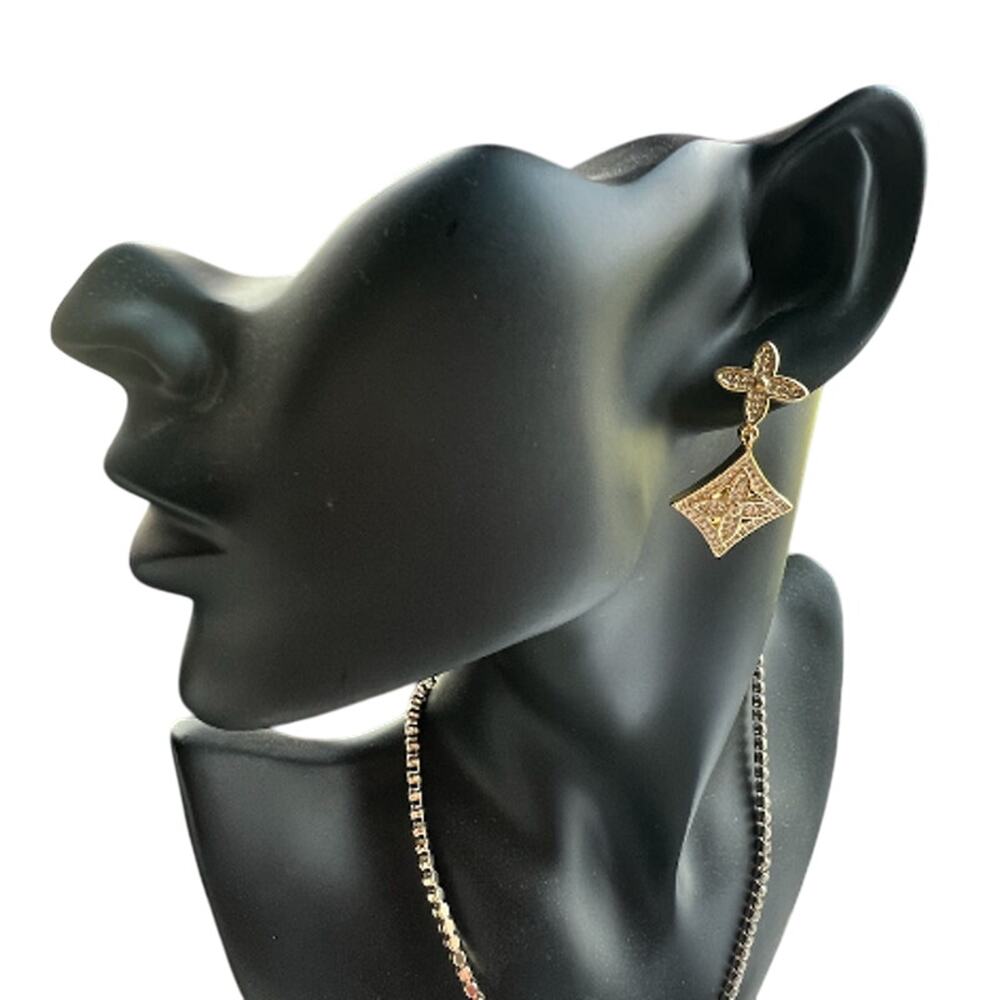 Louis Vuitton Silver LV Monogram Flower Crystal Dangle Drop Earrings (LVXX020) - Picture 7 of 7